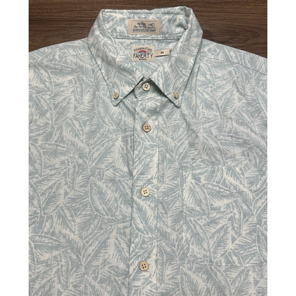 Faherty The Breeze Short Sleeve Sleeve Sky Foliage Leaves Linen Blend Shirt Sz M - Picture 3 of 10